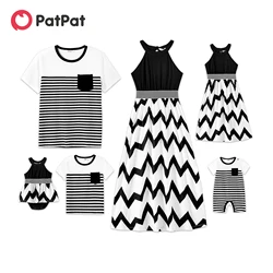 PatPat Family Matching Cotton Short-sleeve T-shirts and Chevron Striped Halter Spliced Dresses Sets