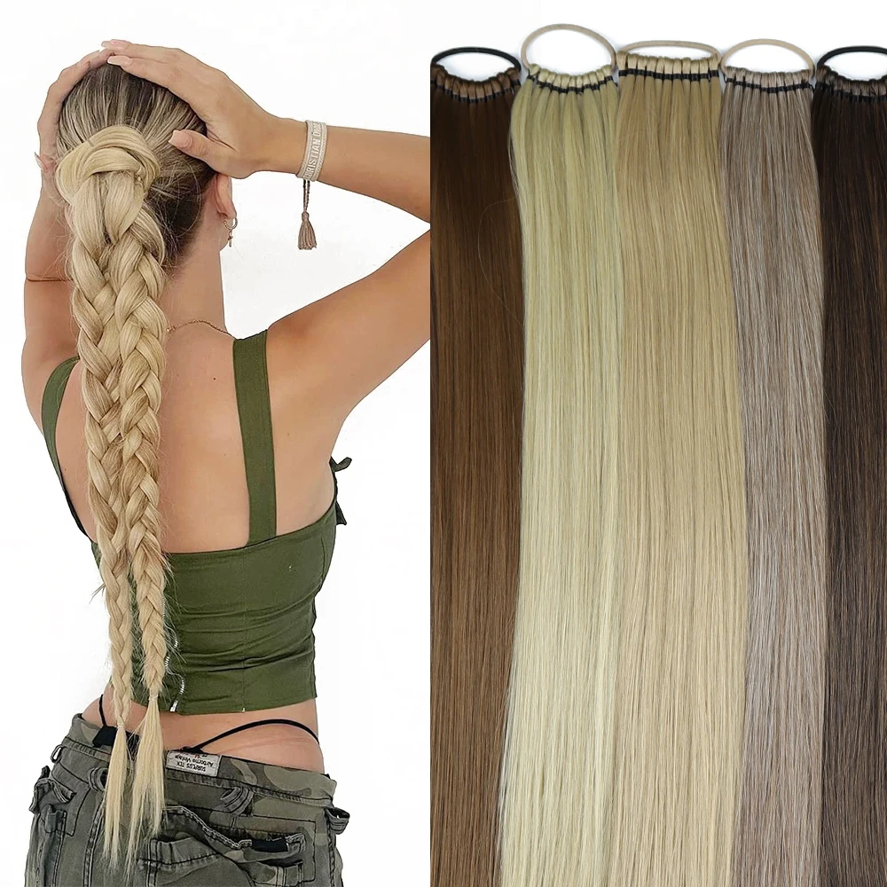 

24 Inch Synthetic Ponytail Extensions Long Straight Natural Black Braided Pony Tail Hairpiece Rubber Band Hair For Women
