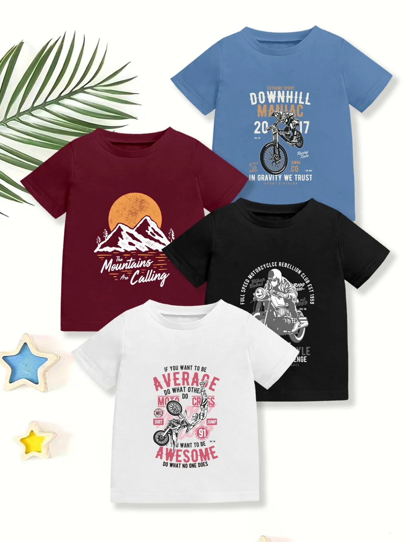 

4 шт.: повседневная футболка для мальчиков с мультяшным принтом горного велосипеда, летняя дышащая хлопковая футболка для мальчиков