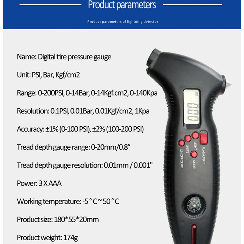 Digital Bike Car Tire Diagnostic Tool Tire Pressure Gauge Tire Tread Depth Meter 0-200 PSI With Hammer Flashlight Knife Compass