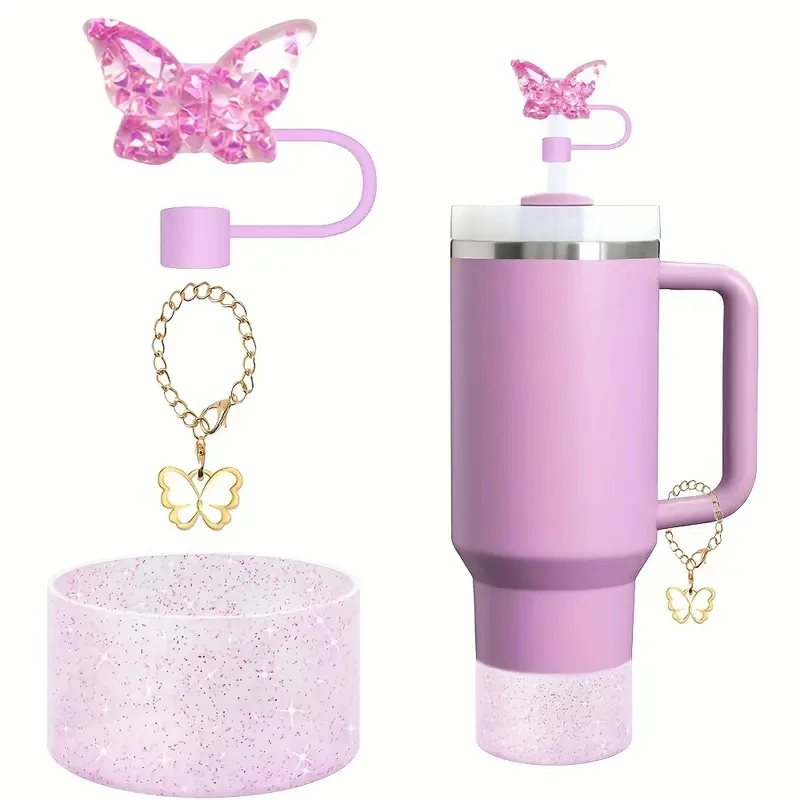 3pcs Cup Accessories Set - Silicone Butterfly Chain, Silicone Boot, and 10mm Straw Covers for Stanley Tumblers 30oz and 40oz