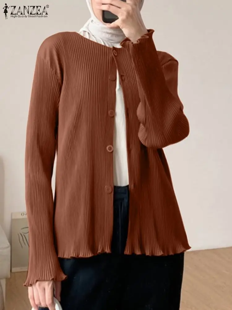 

ZANZEA Woman Elegant Solid Muslim Shirt Long Sleeve O-Neck Blouse Casual Party Tunic Tops Vintage Pleated Design Blusas Mujer