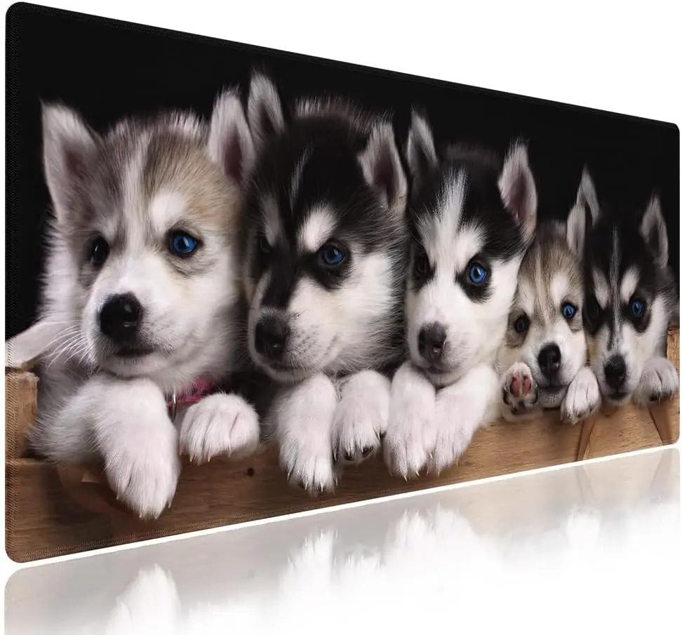 Cute Husky Puppies Large Gaming Mouse Pad, Adorable Siberian Husky Baby Dogs Pet Photo Pattern, Non‑Slip Mat PC Laptop Home Desk