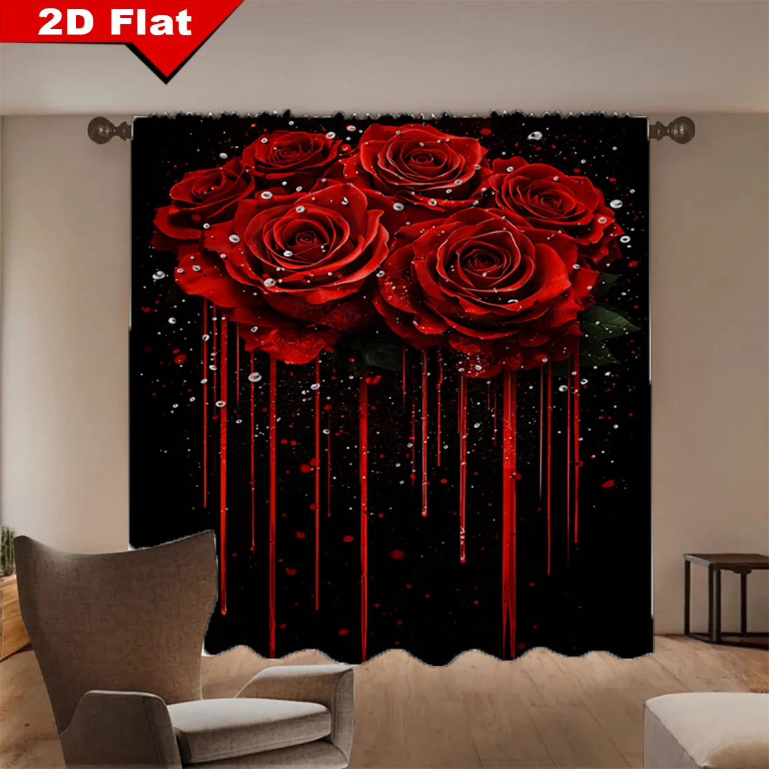 2pcs Blood Drip Red Rose Curtains Blackout Drapes for Living Room Dark Romance Decor Dramatic Floral Print WindowTreatmentPanels