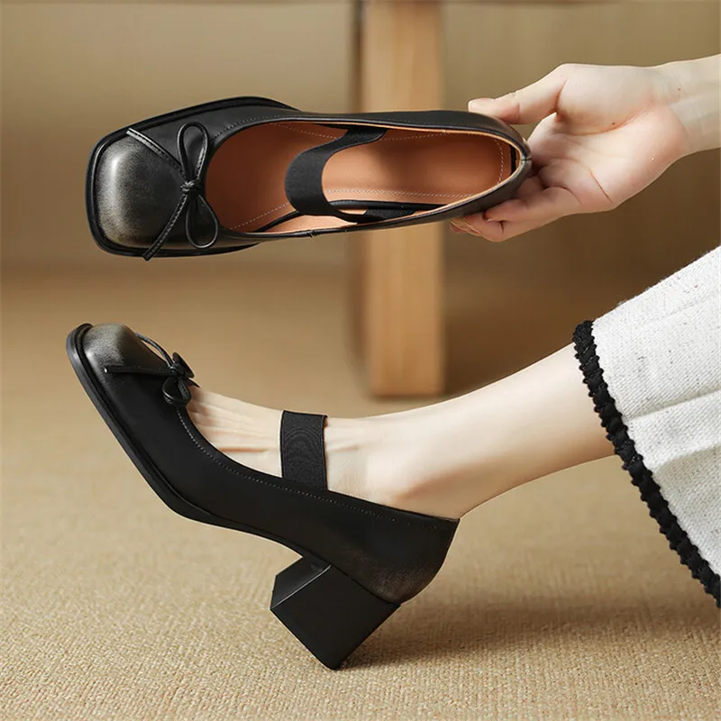 2024 New Spring Summer High Heel Women Shoes Square Toe Women Pumps Fashion Retro Mary Jane Shoes for Women Bow Ladies Shoes