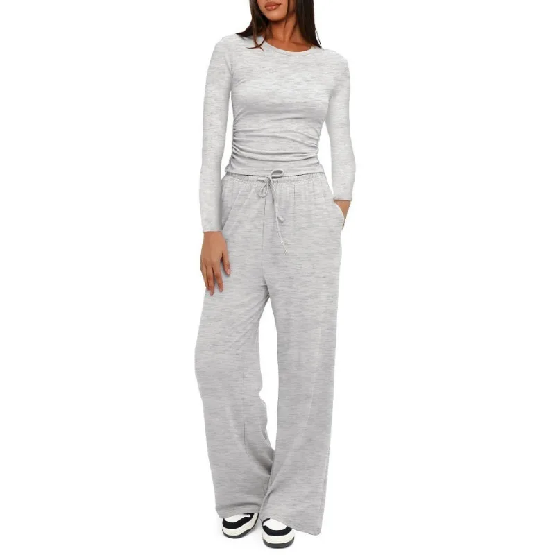 

Женский комплект из двух предметов: топ с длинными рукавами и драпировкой, брюки с широкими штанинами, повседневный домашний костюм для ежедневной носки