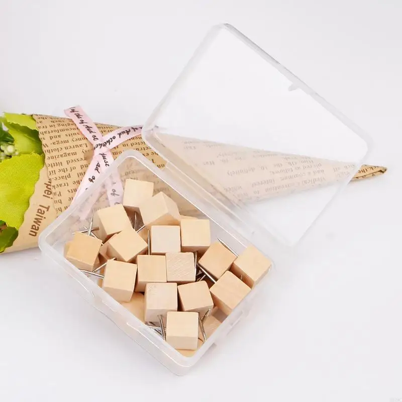 W89C 30 Pcs Wooden Thumbtack Quadrate for Creative Decorative Drawing Push Pins