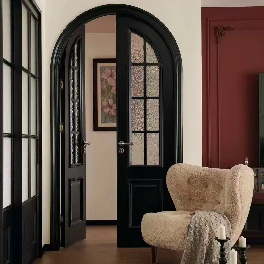 CustomFrench Design Double Top Exterior Glass Doors Modern Wood Plastic Composite Arched Opening Apartment Bedroom Hotel Villa U