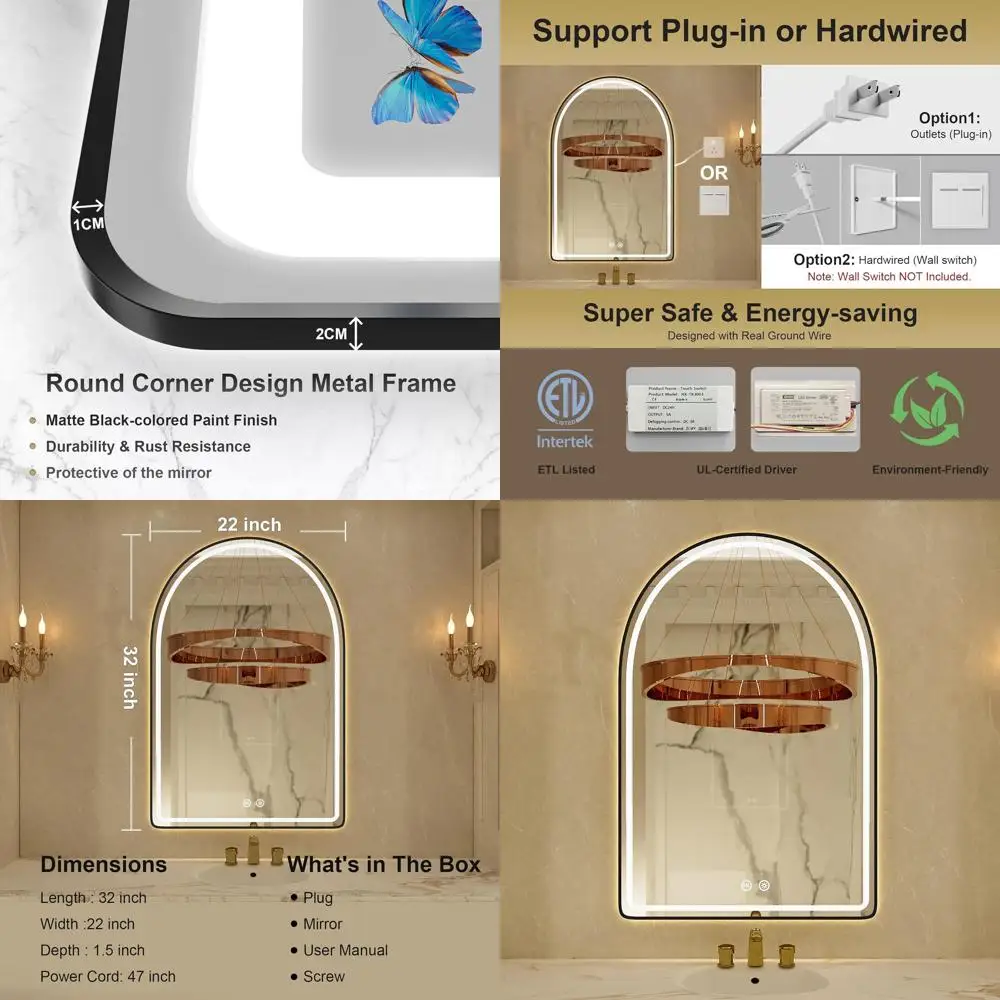 

Изогнутое черное LED-зеркало для ванной 22x32 с подсветкой спереди и сзади, функцией антизапотевания, регулировкой яркости, 3 цветами подсветки, настенное, умное зеркало