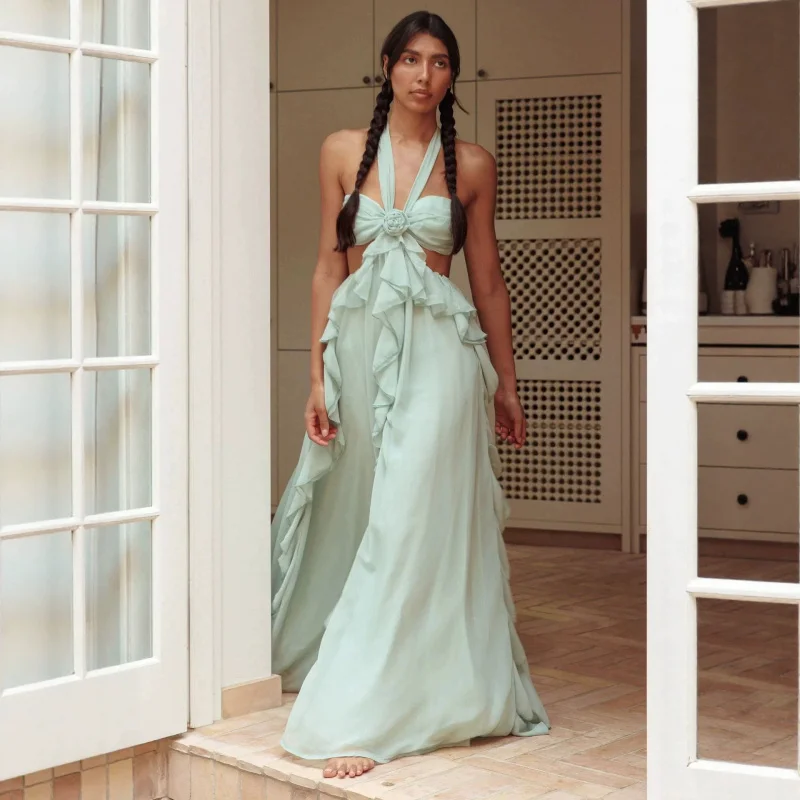 Abito lungo da donna di lusso 2026 con cut-out, allacciatura posteriore e volant, senza maniche, per feste estive e vacanze - Vestidos