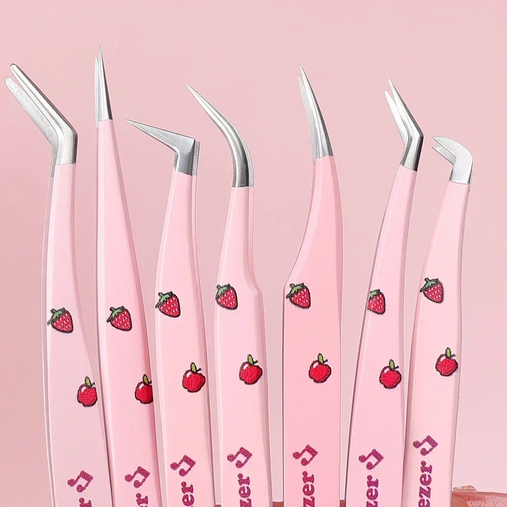 Pink Stainless Steel Eyelash Tweezers Set 7 Types Curved Strip High-quality Anti-static 3D Lashes Extension Tweezer Makeup Tools