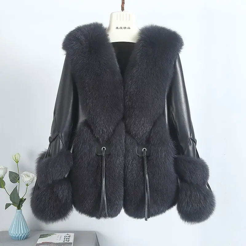 

Real Fox Fur Coats With down Genuine Sheepskin Leather Wholeskin Natural Fox Fur Jacket Outwear Luxury Women 2024 Winter New