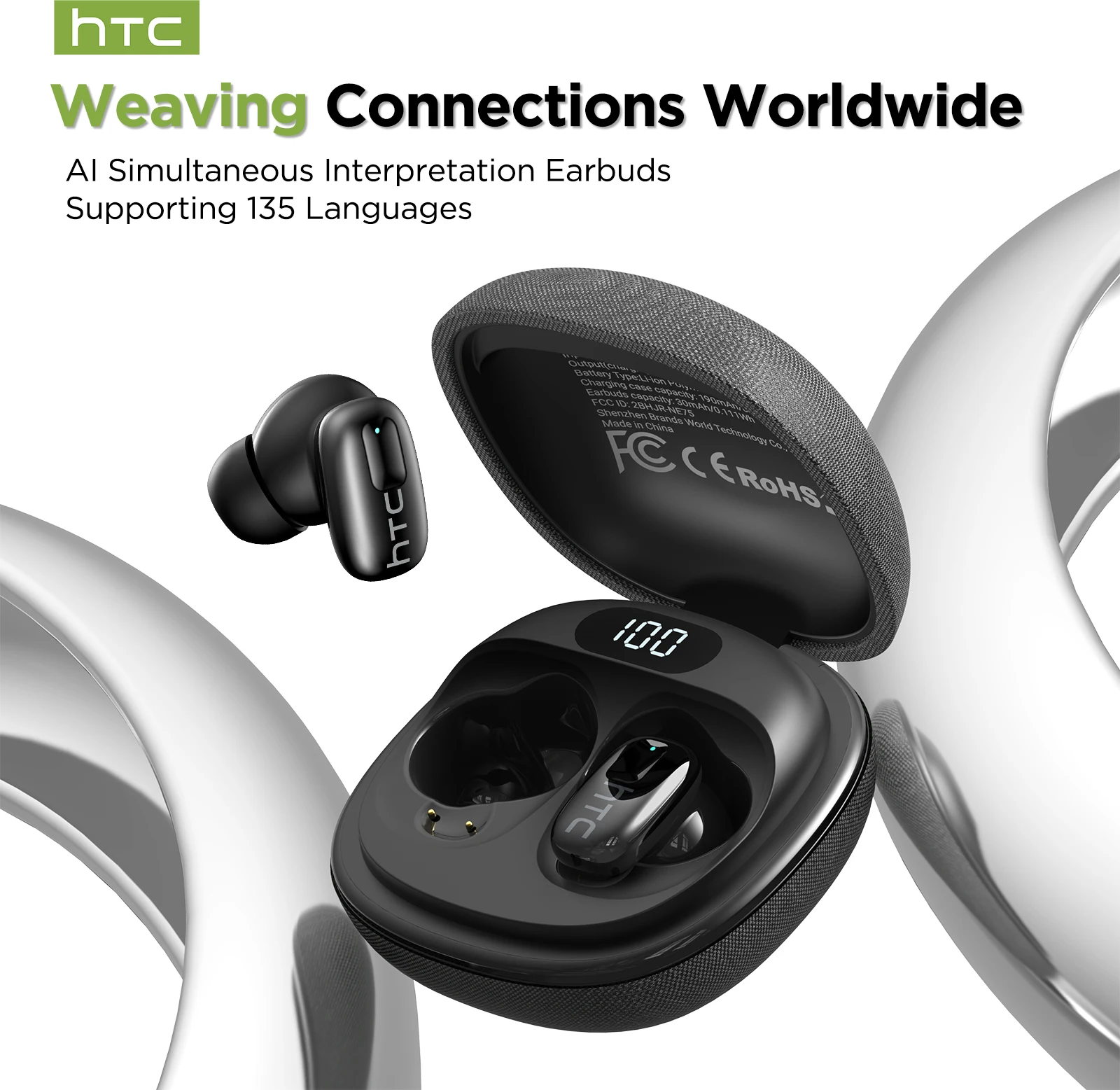 HTC NE75 TWS Bluetooth 6.0 AI Translator HiFi Stereo ENC Noise Cancelling Touch Control Wireless Earphones for Travel Sport