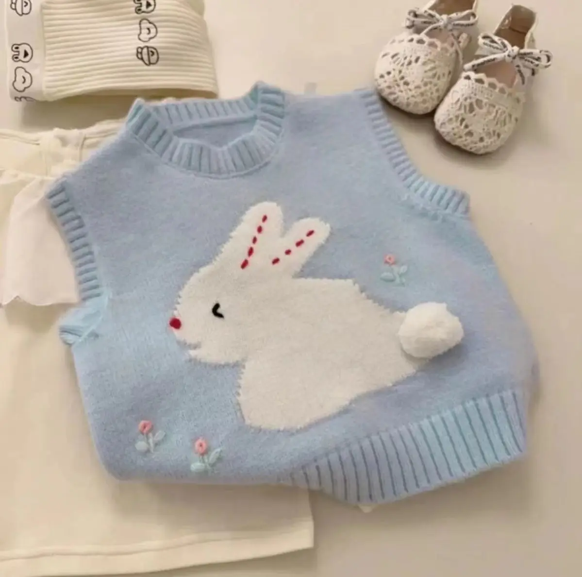 

Autumn and Winter Girls' Knitted Vest New Korean Version Children's Cute Rabbit Cartoon Outerwear Sweater Tank Top
