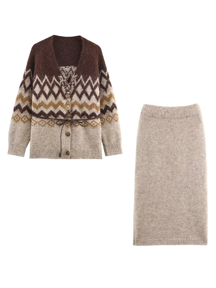 

HH женский весенне-осенний вязаный комплект из 2 предметов с v-образным вырезом и длинным рукавом, однобортный кардиган с поясом + эластичная талия, модная тонкая длинная юбка