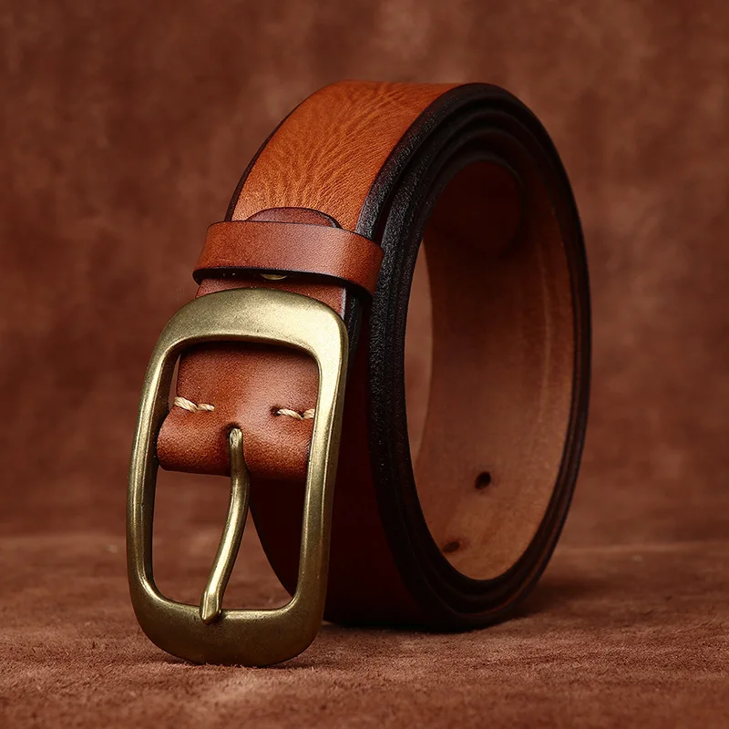 Vintage grooved bevel belt, handmade men's first layer cowhide belt, men's genuine leather pin buckle jeans belt