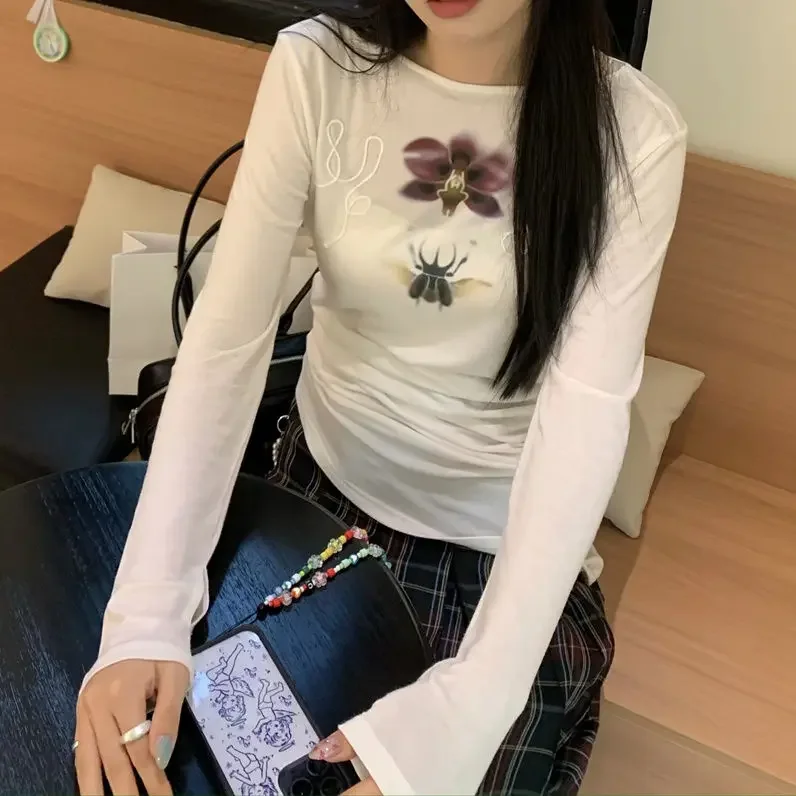 Fairycore Slim Graphic T Shirts Long Sleeve Korean Fashion 2000s Clothes Y2k Women's T-shirt 2025 New Spring Tops Tees