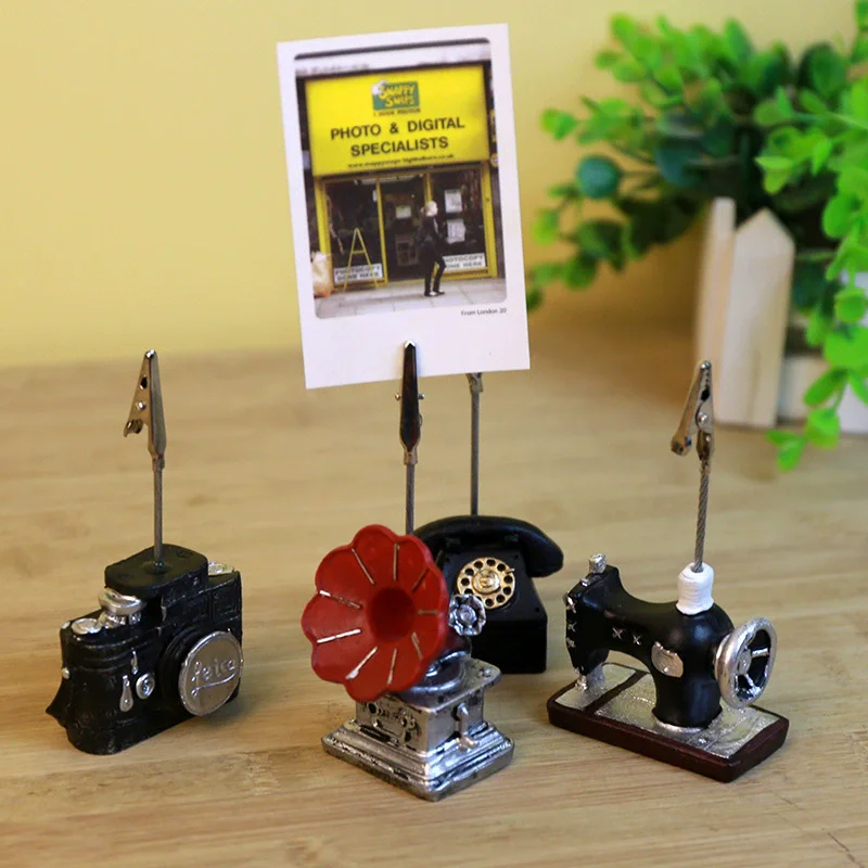 Vintage Resin Photo Clip Holder Retro Camera Gramophone Sewing Machine Telephone Shape Memo Card Stand Home Office Decor Gift