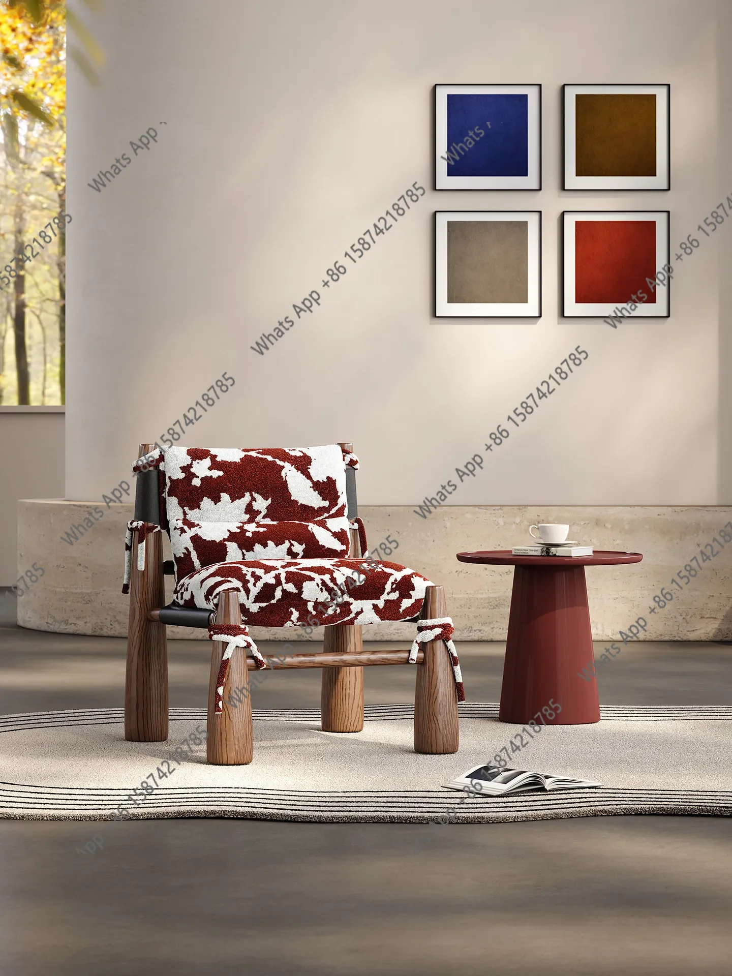 X Medieval Style Baseball Chair, Living Room Home Fabric High-end Leisure Chair, Walnut Solid Wood Single Sofa Chair