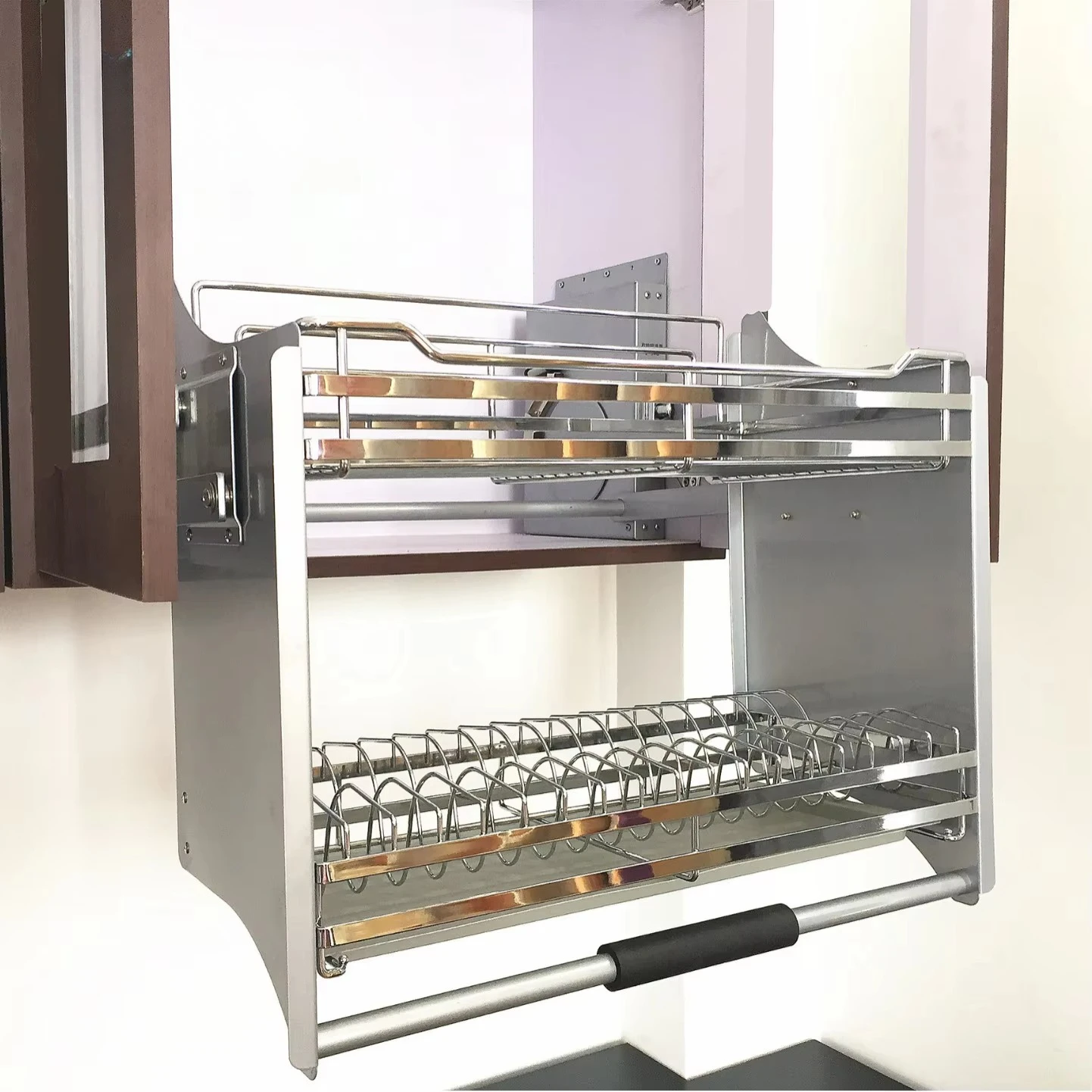 Stainless Steel Wire Pull Corner Dish Basket Kitchen Cabinet Organizer Lifting Rack Easy Assembly