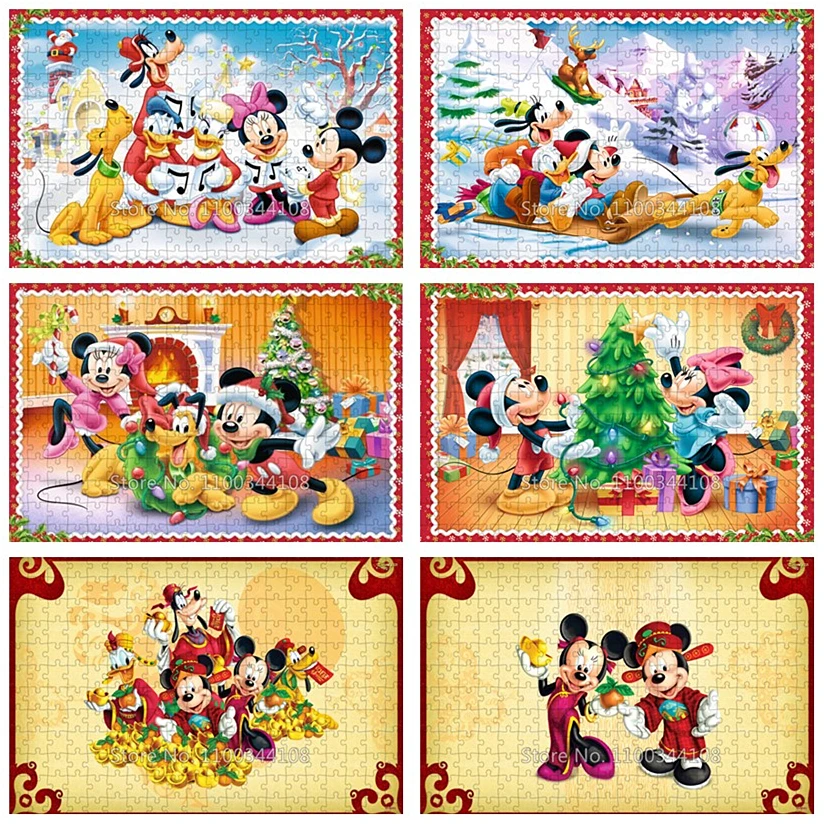 Christmas Series Mickey and Minnie Jigsaw Puzzles New Year Gift Cartoon Disney Mickey Mouse Puzzle Adult Handmade Leisure Games