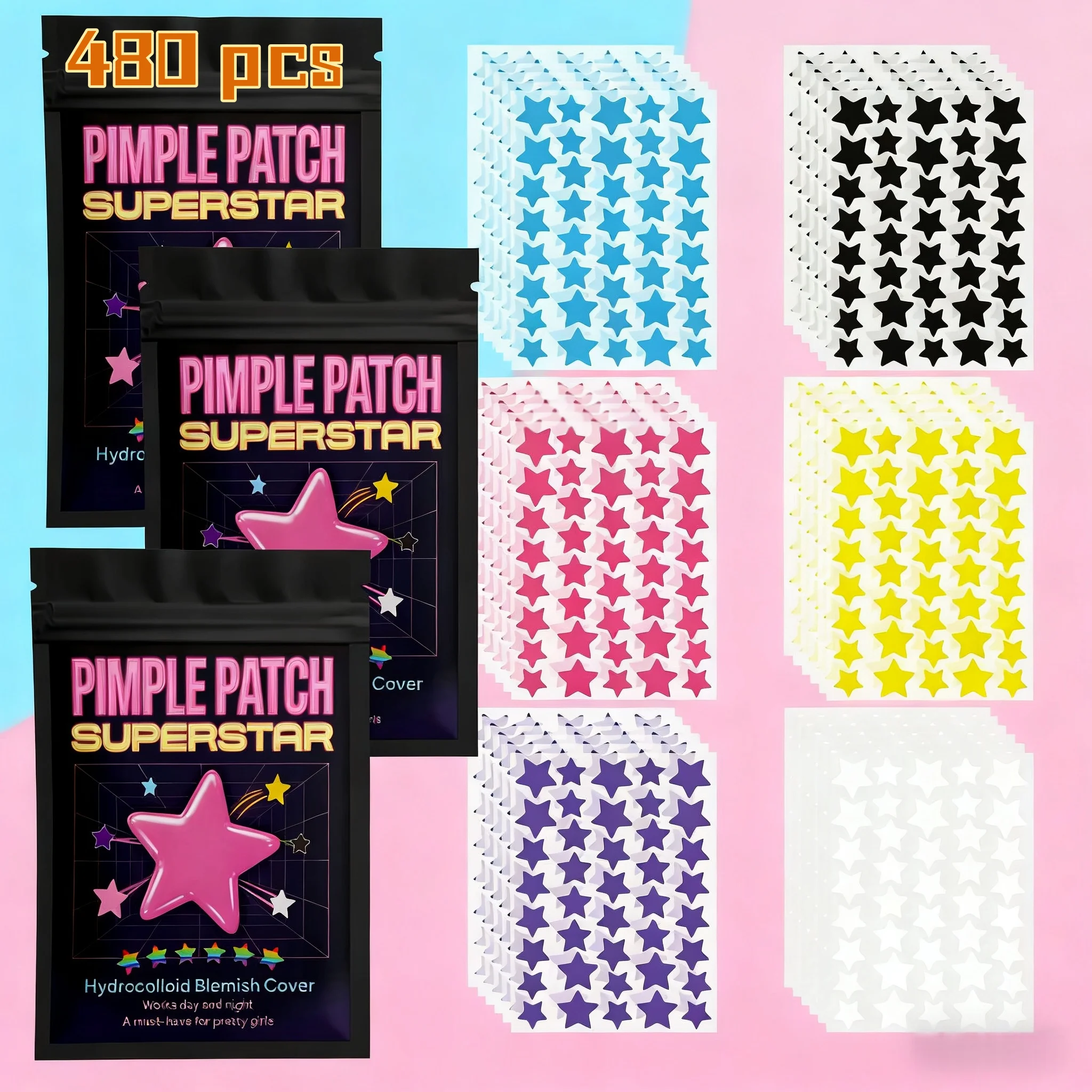 

480Pcs Star Shape Colorful Hydrocolloid Pimple Acne Patches Facial Skin Care Isolate Breathable Closed Acne Blemishes Cover
