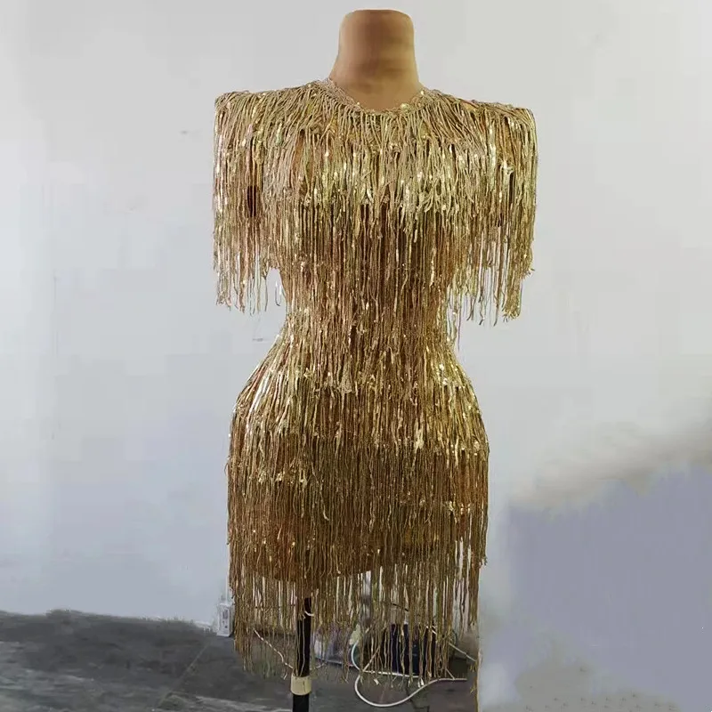 

Shining Gold Fringe Dress Sexy Tassel Latin Dance Costume Stage Performance Show Wear Birthday Party Nightclub Singer Stage Wear