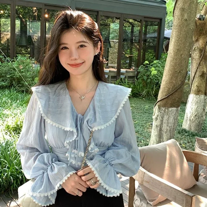 Blue Blouses Women V-neck Ruffles Sweet Tender Female Spring Crops Design Tops Leisure Korean Soft Cozy Lace-up Lovely Holiday