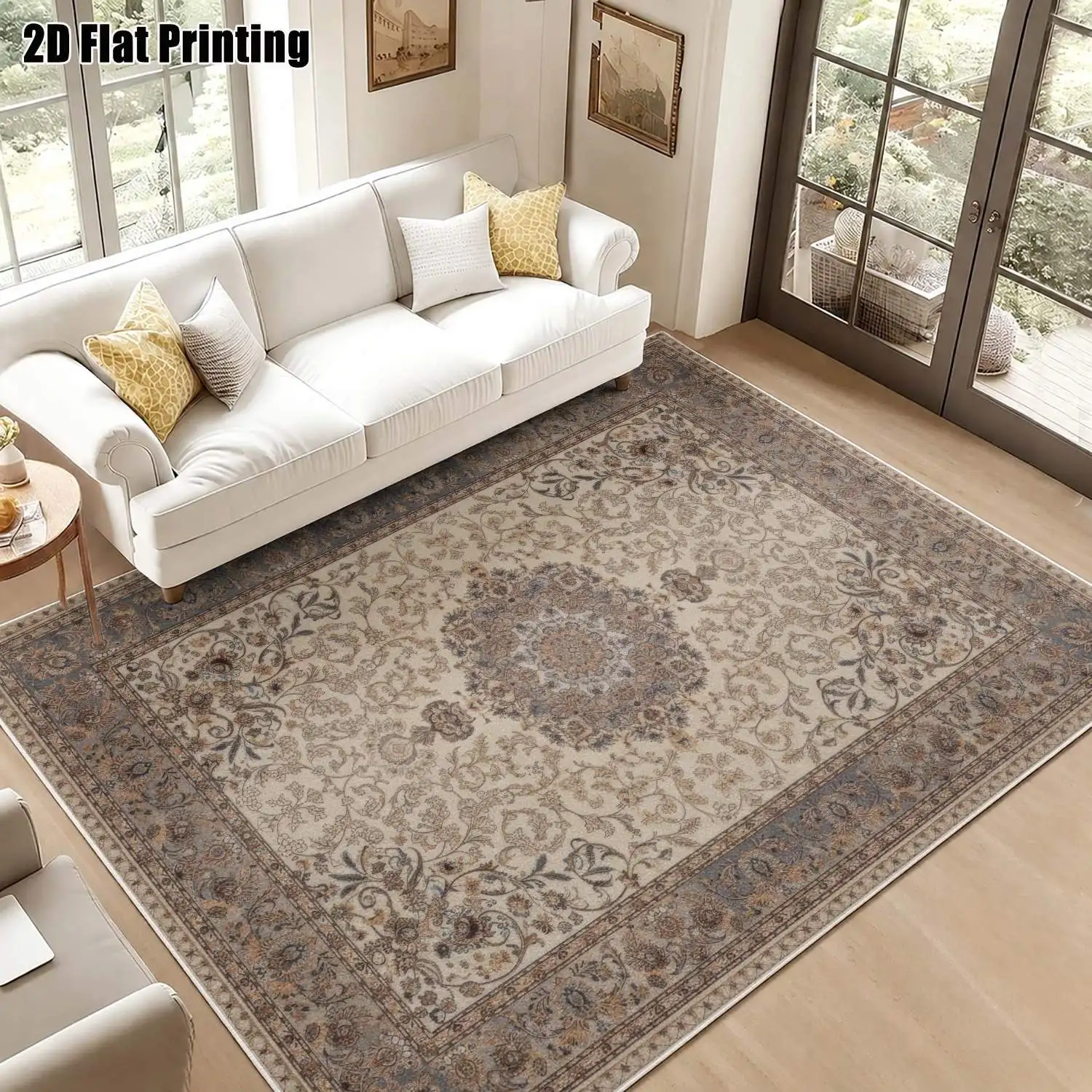 1Pc 2D Printed Beige Floral Velvet Carpet: European Retro Bohemian Geometric Striped Rug for Home Decor, Machine Washable, Multi-Size, Multi-Scene Use