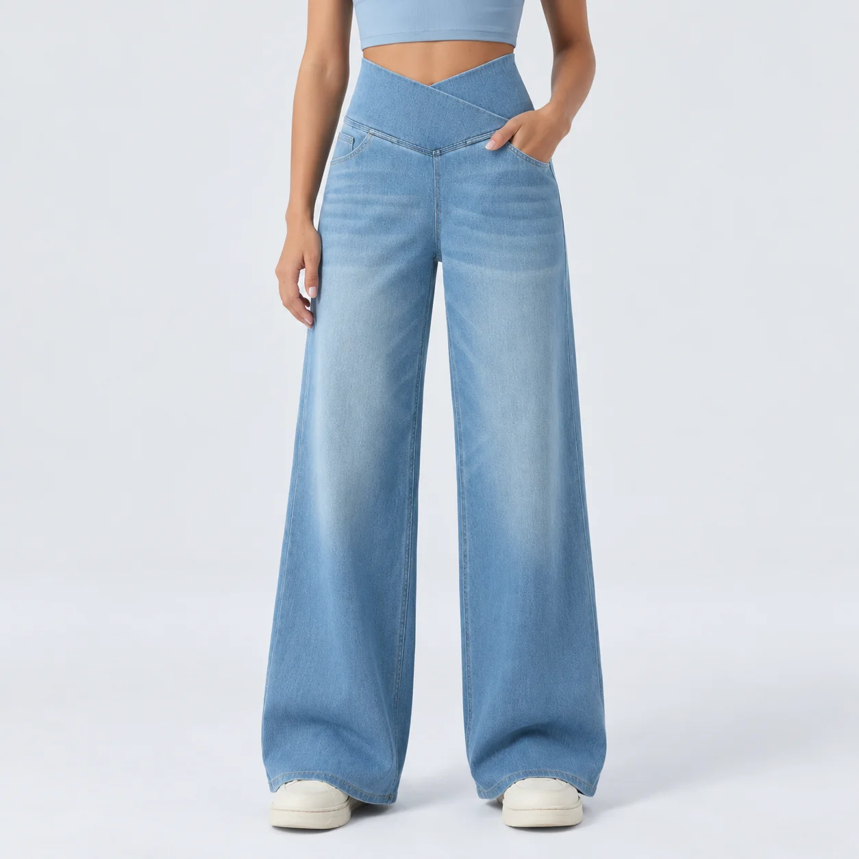 Jeans for Woman Cross V High Waist Wide Leg Pants Elastic Washed Denim Trousers Casual Loose Stretch Women's Jeans 2026 Pants