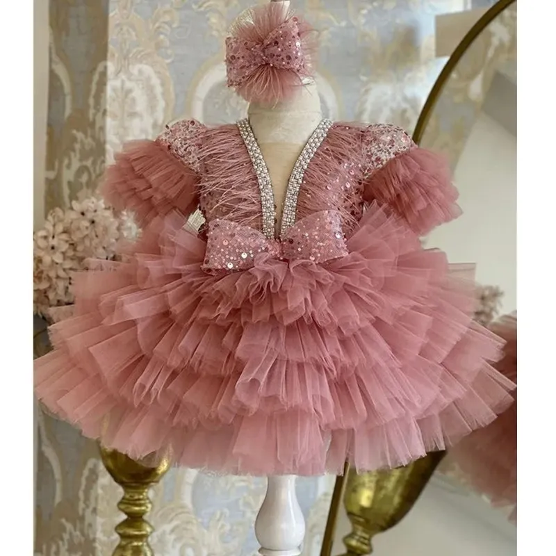 

Child Girl Wedding Dress With Bow Champagne Party Dresses Sequined Tiered Tulle Sleeves Puffy Flower Girl Dresses For Weddings