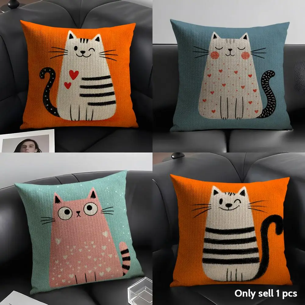 Cartoon Cute Cat Cushion Cover Natural Linen Organic Fabric Double Sided Print Sofa Pillow Case Home Decor Gift