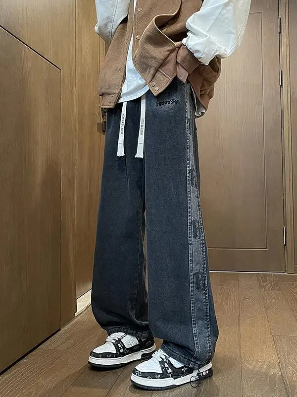 

Casual Men's Jeans Straight Leg Loose Wide Leg Dstring Waist Denim Pants Autumn Winter Faion Brand Youth Leisure Long Tr...