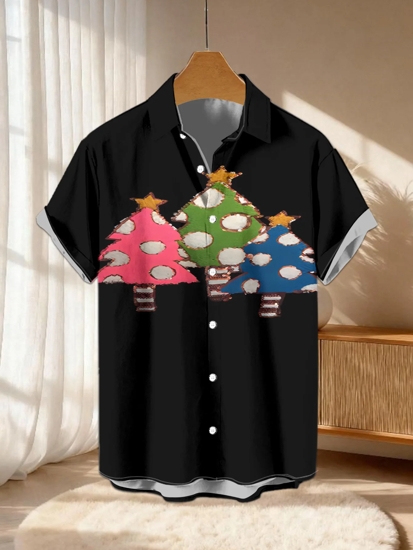 Men Short Sleeve Shirt Colorful Christmas Tree Print Lapel Casual Holiday Party Button Down Tops Men's Clothing