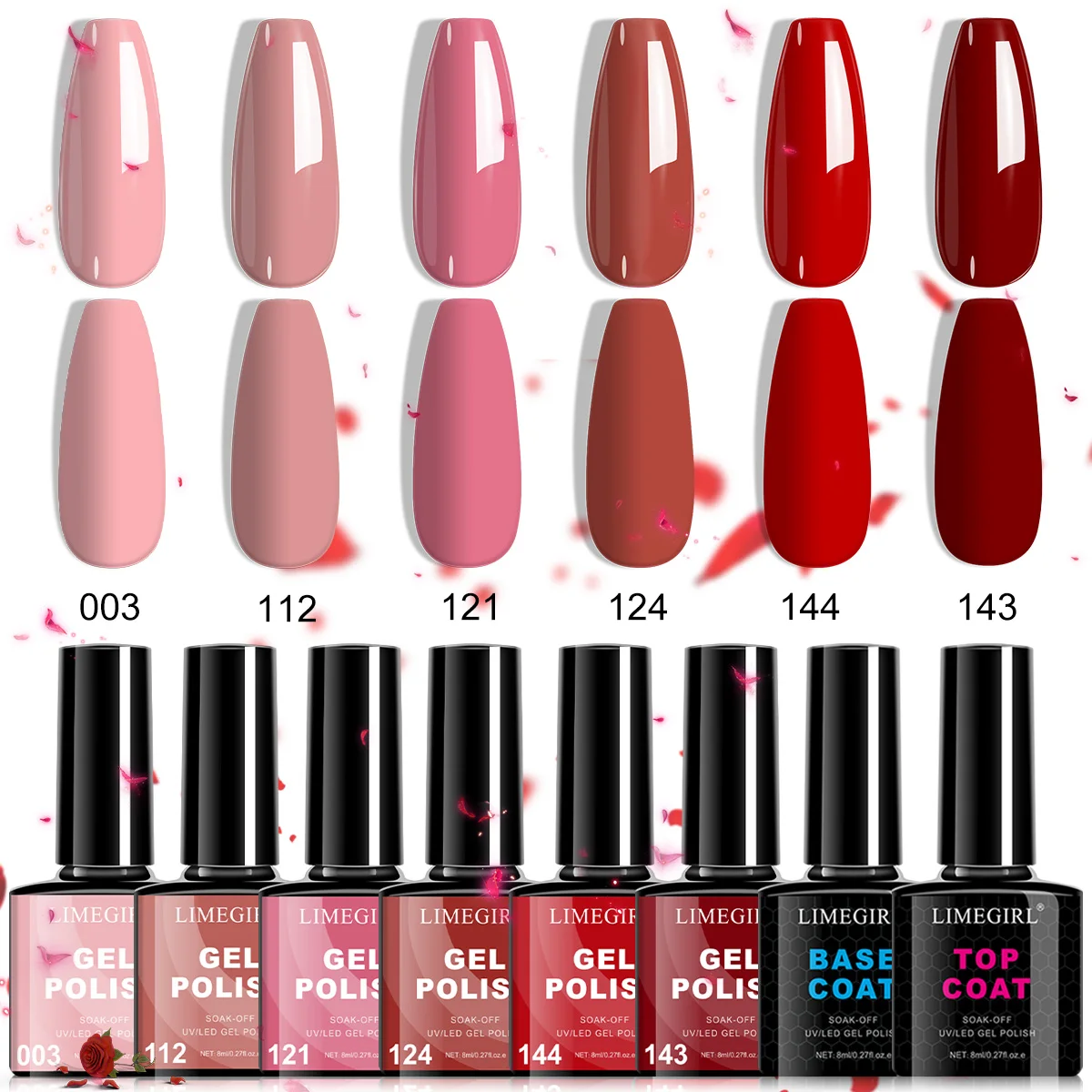 

LIMEGIRL 8pcs Gel Nail Polish kit Glitter Red Semi Permanent UV Gel Varnish Soak Off Nail Lacquers Base Coat Top Coat Set
