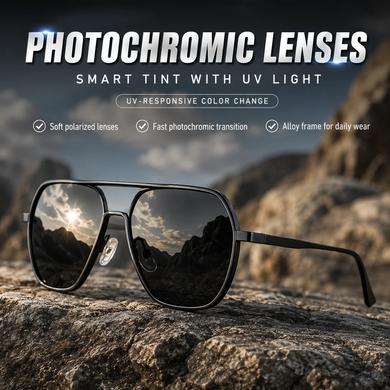 Lunettes de soleil polarisées photochromiques pour hommes et femmes, UV400, anti-éblouissement, monture carrée en aluminium, vision de jour et de nuit, lunettes de soleil de conduite