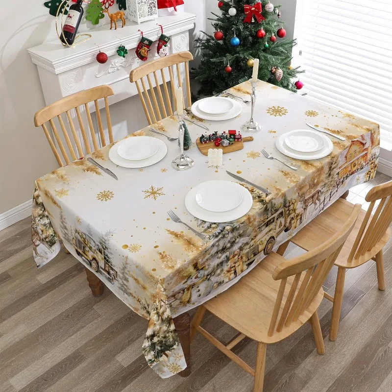 1 Piece Christmas Tablecloth for Rectangular Table Truck and Snowman Golden Snowflake Christmas Tablecloth Home Party Decoration