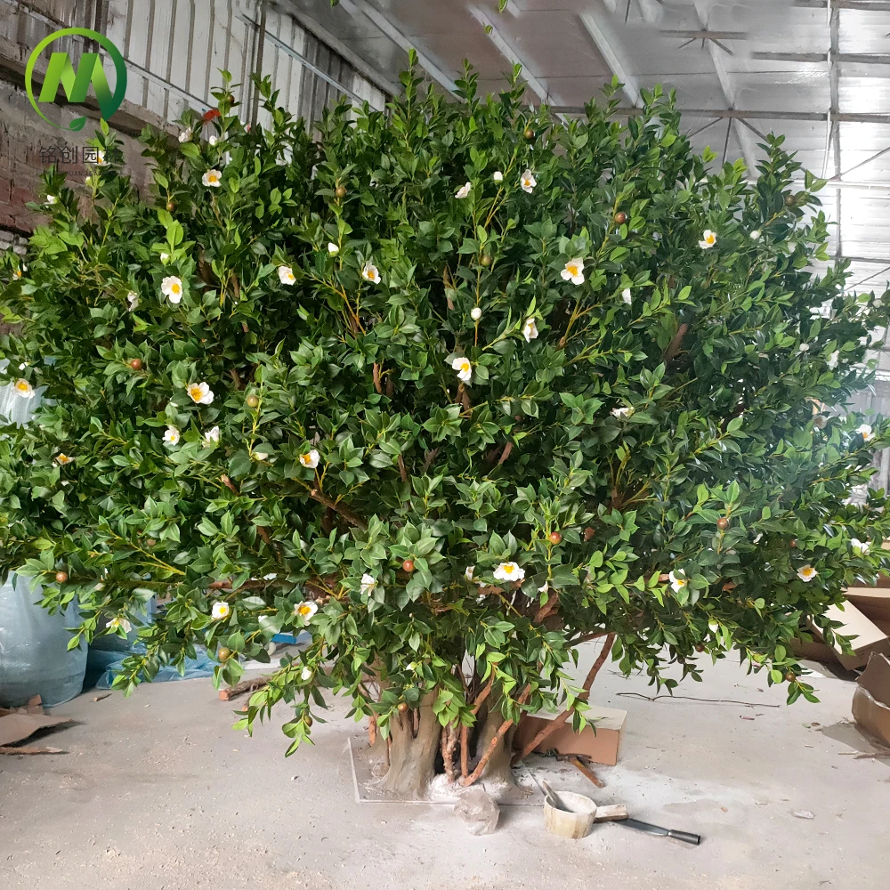 

Outdoor Indoor Big Size Real Touch Leaf High Simulation Luxury Artificial Tea Flower Tree Decoration Green Camellia Flower Tree