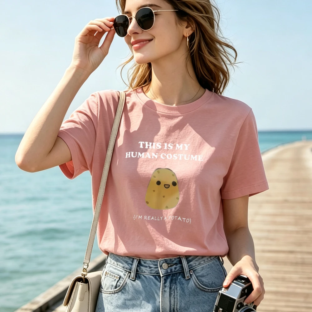 This Is My Human Costume Print Men T Shirt I'm Really A Potato Cartoon Graphic Crew Neck Short Sleeve Funny Slogan Summer Funny