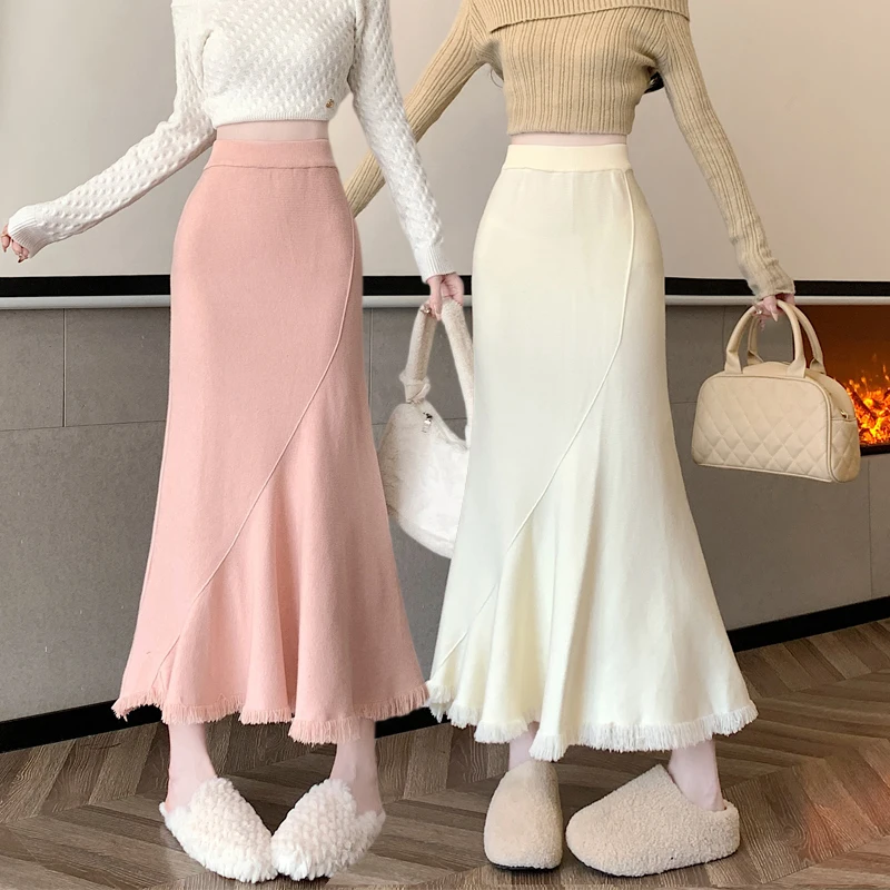 Knitted Skirts for Women Autumn Winter Fishtail Skirt Korean Fashion Skinny Solid Elastic High Waist Skirt Women