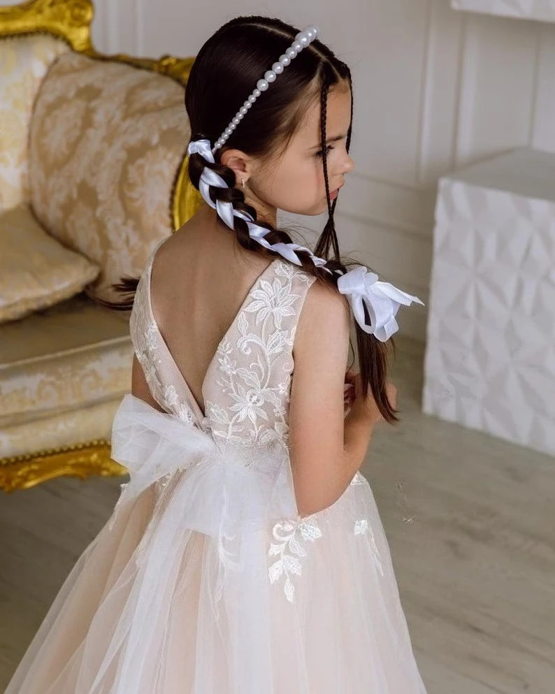 Lace Flower Girl Dress Girl Birthday Tulle Holy Communion Tutu with Train Princess Girls Dress Baby Pageant Dresses for Girls