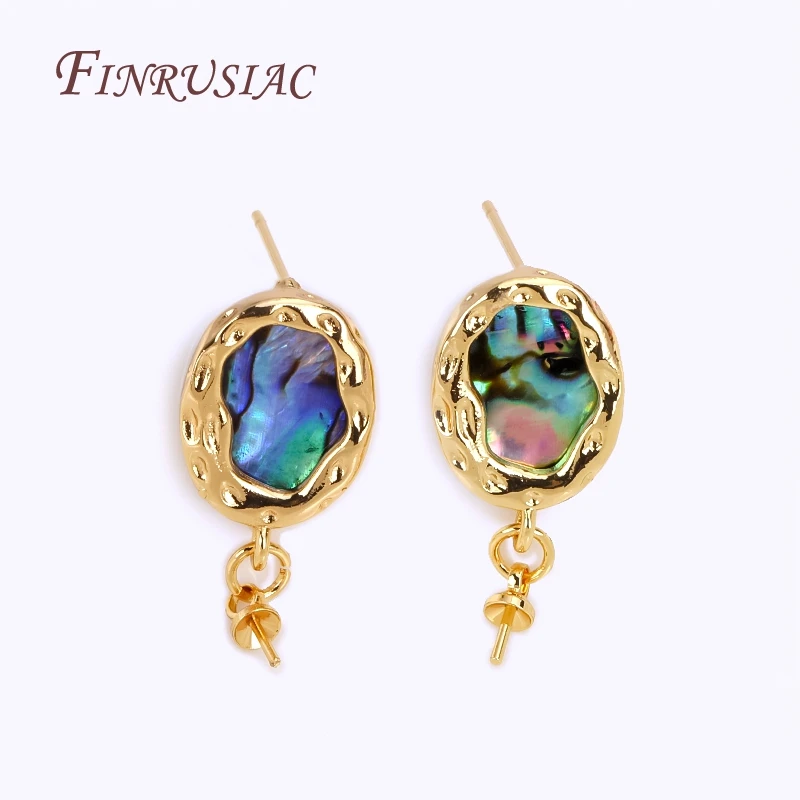 18K Real Gold Plated Abalone Shell Pattern Texture Oval Post Earring Findings With Pearl Pendant Mounting,DIY Pearl Earrings