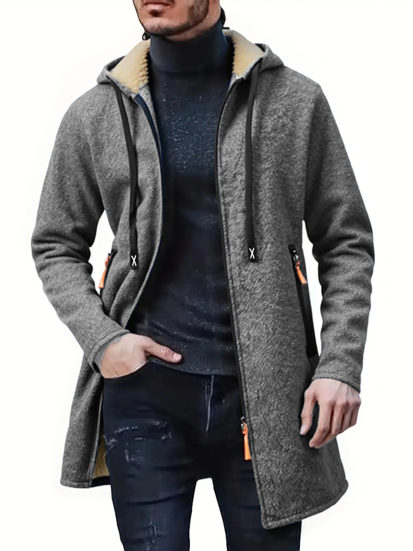 Men Mid‑Long Sherpa Lined Hooded Coat Full Zip Up Fleece Lined Jacket Zipper Pockets Casual Warm Winter Outerwear for Male