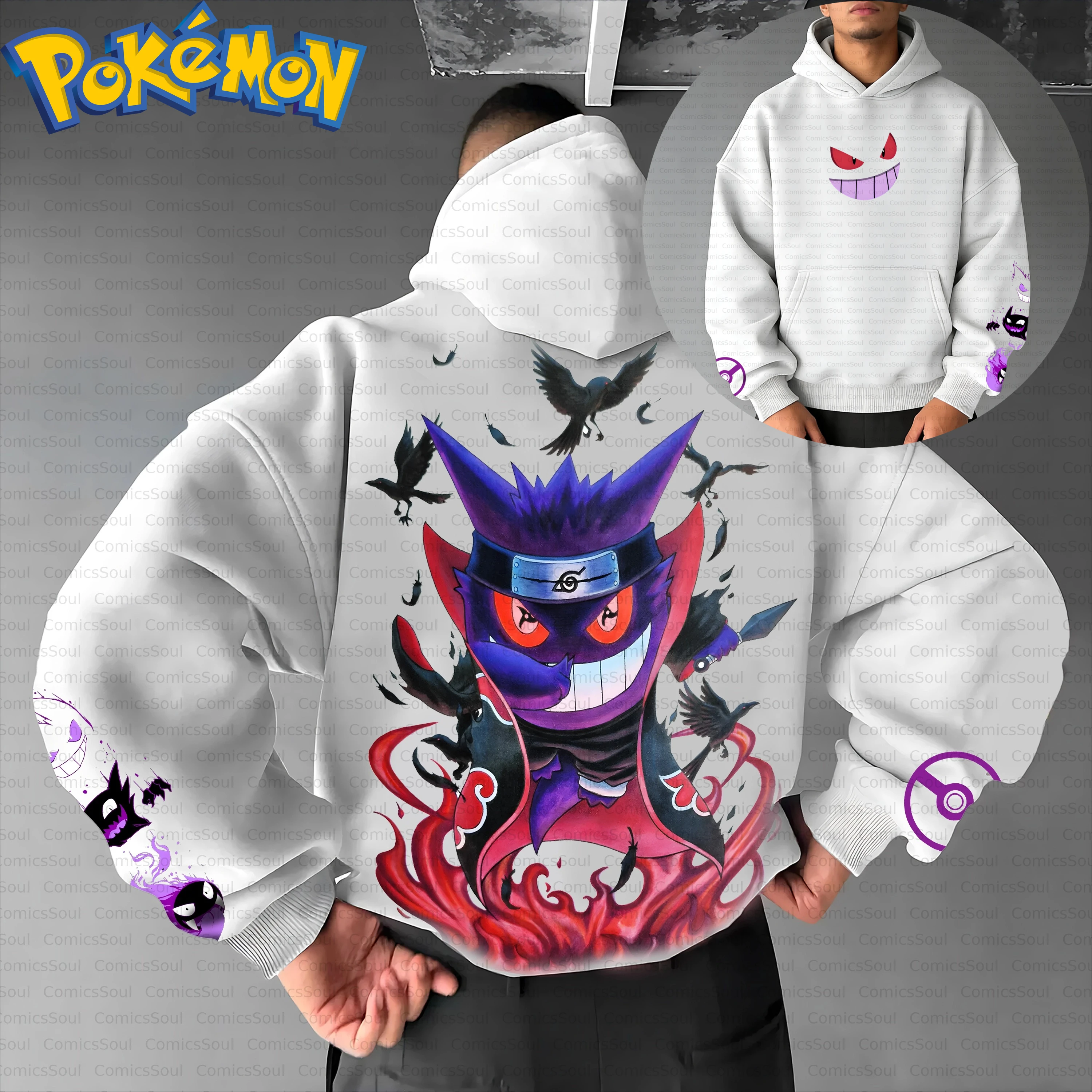 

White Cotton Pokemon Hoodie and Harajuku Pants Set with Purple Red Character Back Print Bird Pattern and Sleeve Designs Casual