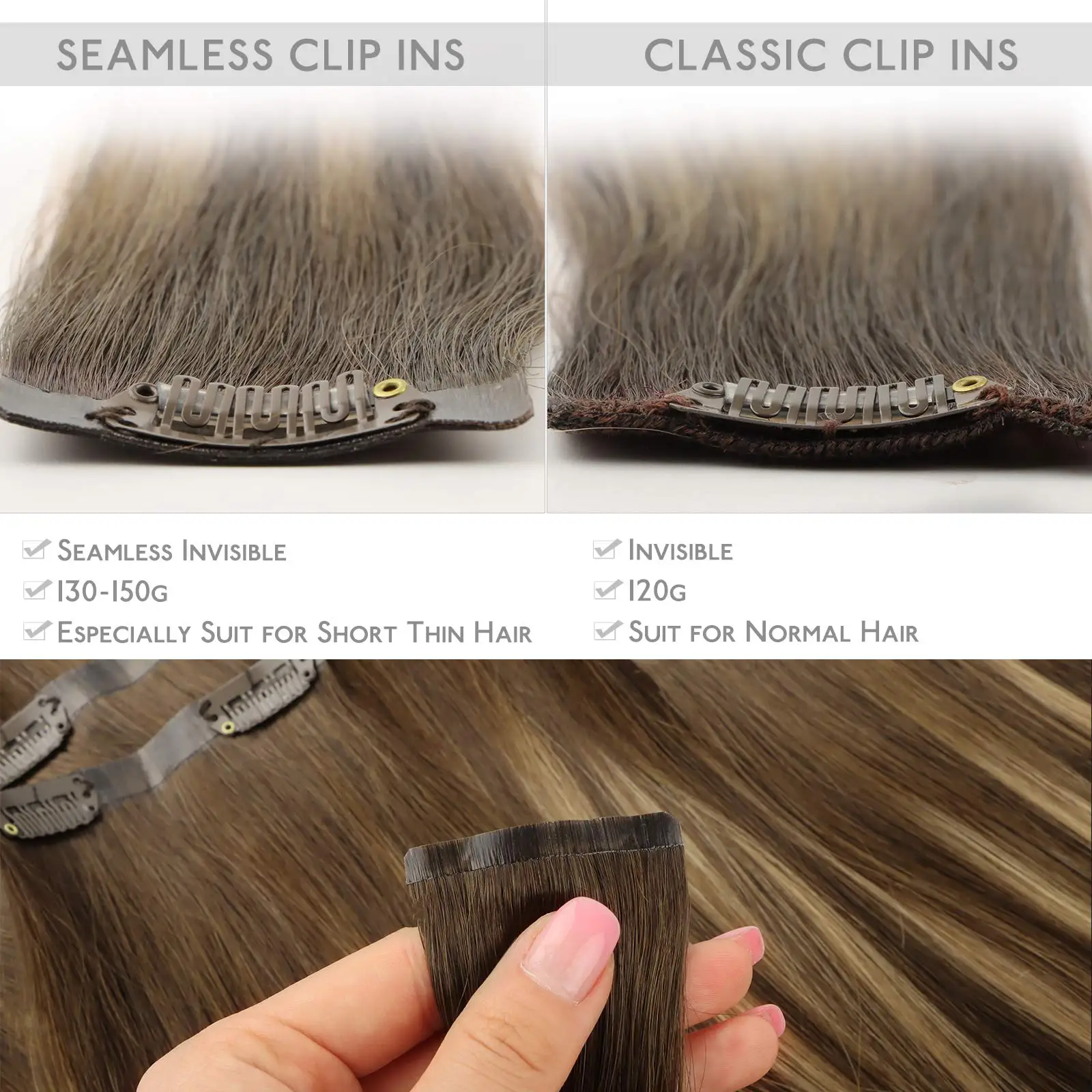 وصلات شعر من البولي يوريثان غير مرئية وصلات شعر بشري وصلات شعر بشري بلون أشقر وصلات شعر ريمي 150 جم مع مشبك