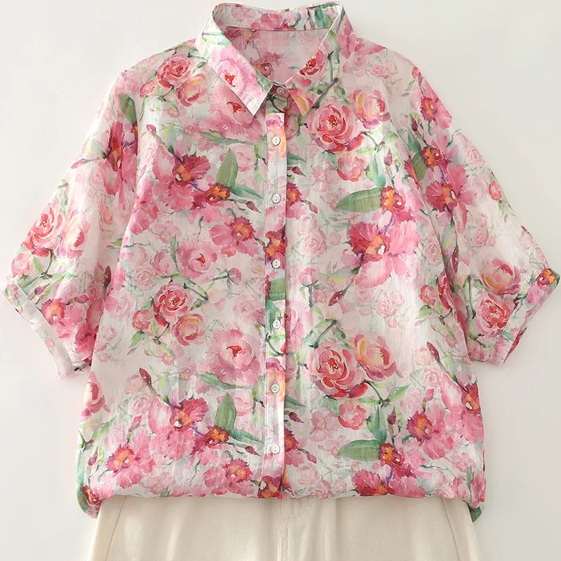 가벼운 플로럴 프린트 루즈핏 반팔 셔츠 여성용 턴다운 칼라 오픈 가디건 탑 패셔너블 캐주얼 블라우스