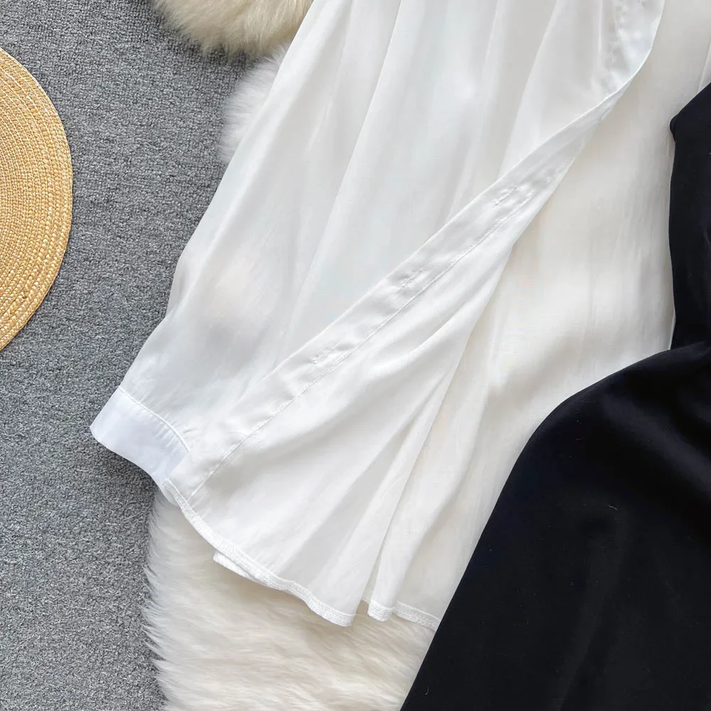 2026 moda feminina duas peças conjuntos lanterna manga blusa camisa topo + novo bodycon cintura fina ruched cinta de espaguete vestido novo