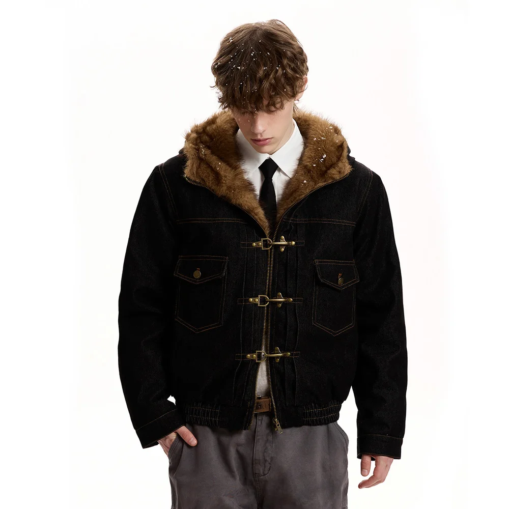 

Inner Faux Fur hooded denim Jacket Men Winter Streetwear Fashion Vintage Loose Casual Warm Thicken Short Cargo Jacket Women Coat