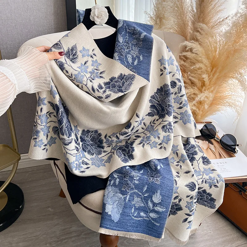 

Korean-style fashion acrylic imitation scarf for women, elegant jacquard double-sided, thick and warm winter neck wrap versatile