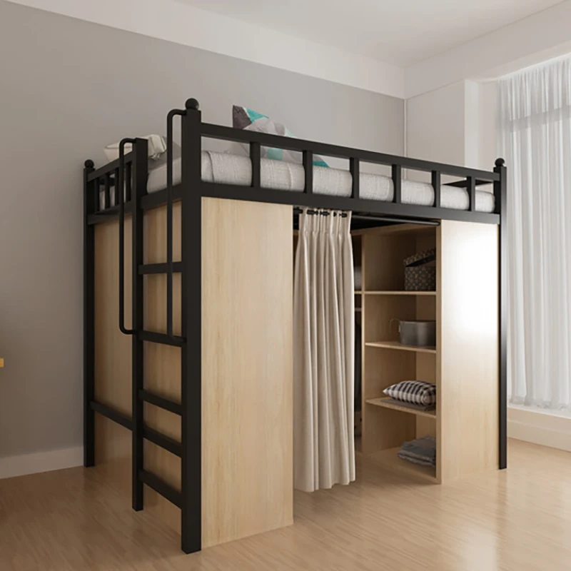 

European elevated bed, loft style bed, under the bed cabinet, space saving small apartment complex, second floor